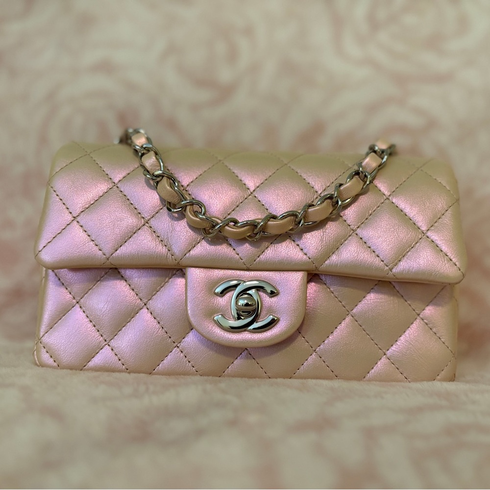 SOLD! CHANEL 21K Mini Rectangular Flap Bag in Iridescent Pink Calfskin w/SHW 💖